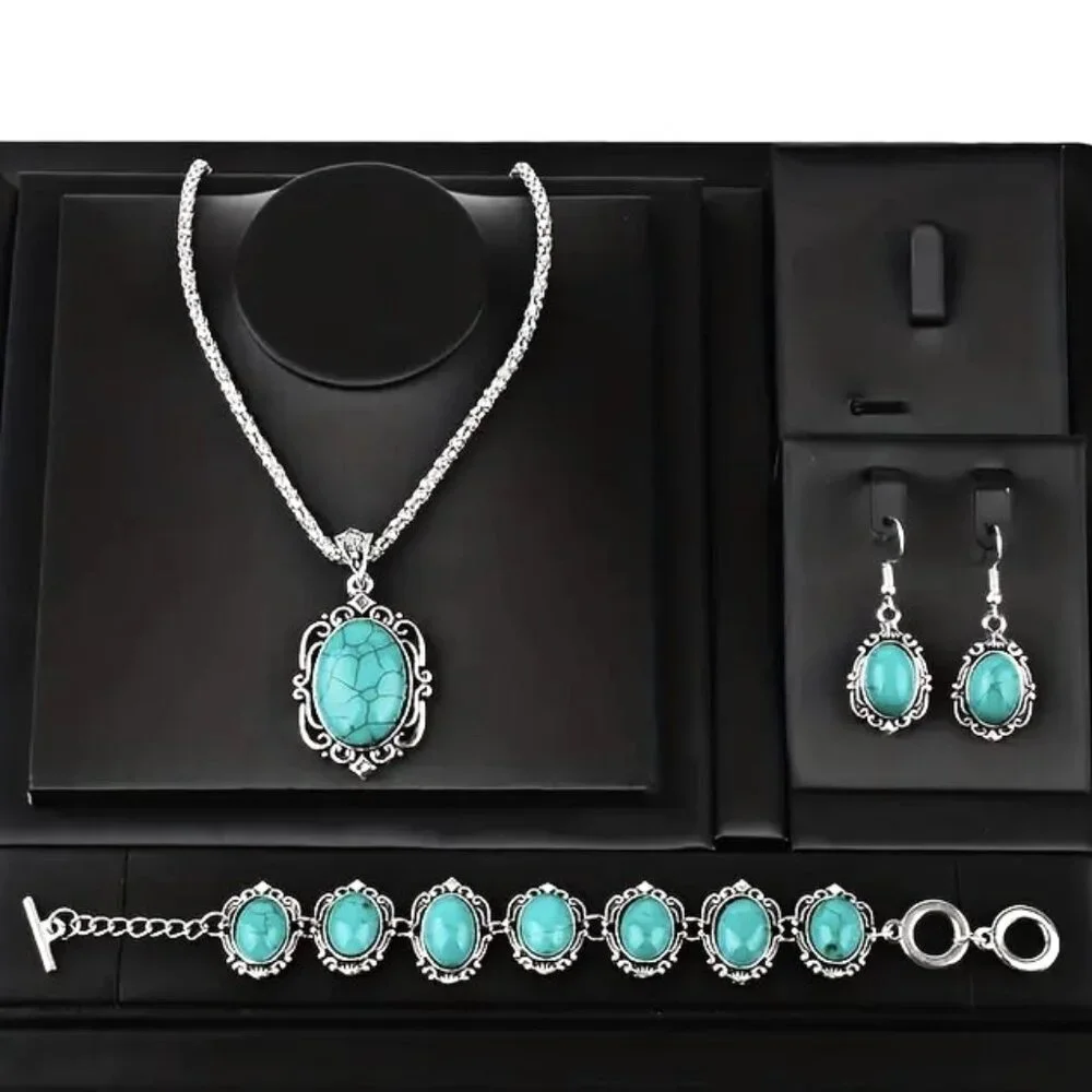Turquoise Necklace Earrings Bracelet 4pc Boho Native Stylish Glam Lucky Trendy - Picture 6 of 6